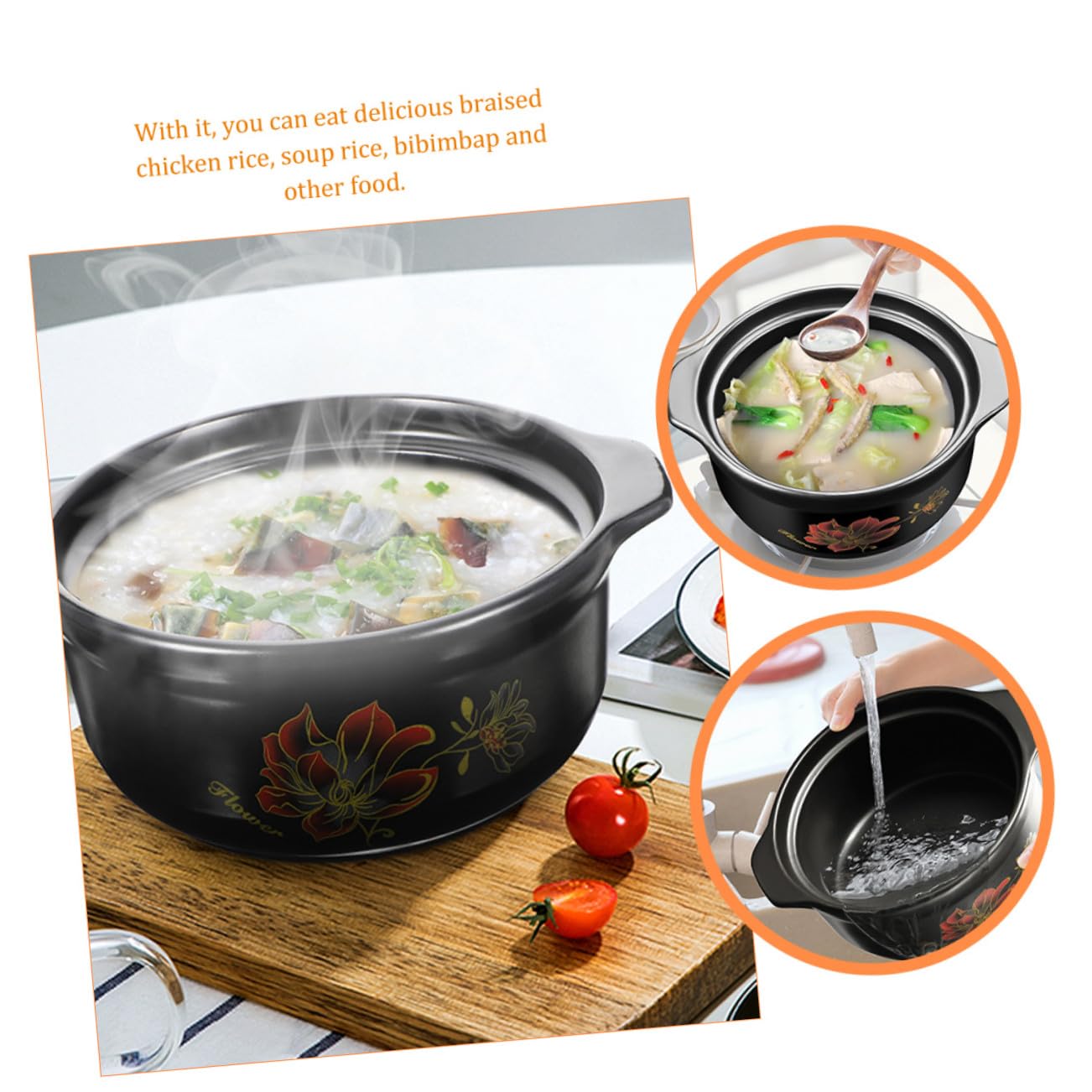 ULTECHNOVO Olla de Cerámica para Guisar Comida Tapa, Capacidad 1600ml, Ahorro de Energía y Doble Asa, Apta para Cocina Doméstica y Gas