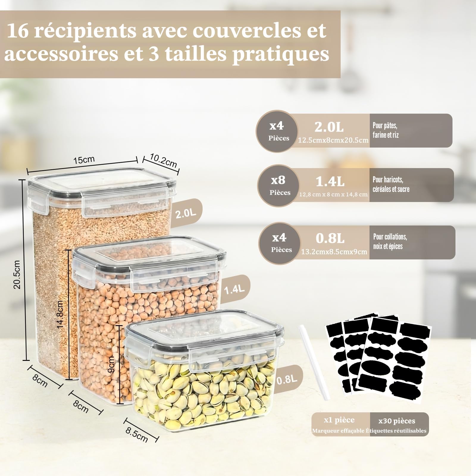 GoMaihe Boite de Rangement Cuisine Lot de 16, Bocaux Hermetiques Alimentaires en Plastique Scellée avec Couvercle, Pour Stocker les Cereales, Pâtes, Farine, Nourriture pour Animaux de Compagnie