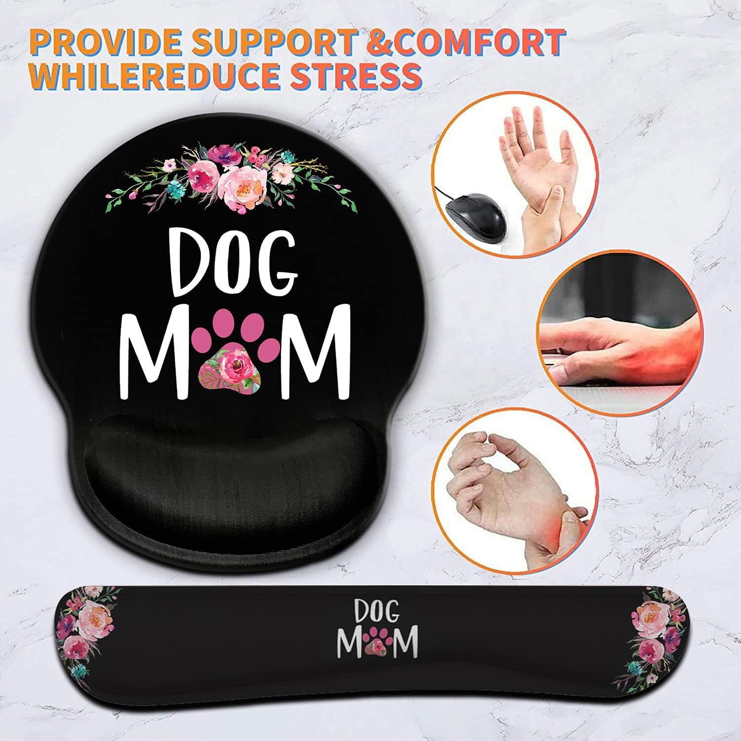 Ergonomic Mouse Pad Wrist Support Gel and Keyboard Wrist Rest Set for Laptop, Mac, Gaming and Office, Durable, Comfortable and Pain Relief + Coaster, Dog Mom Floral Design
