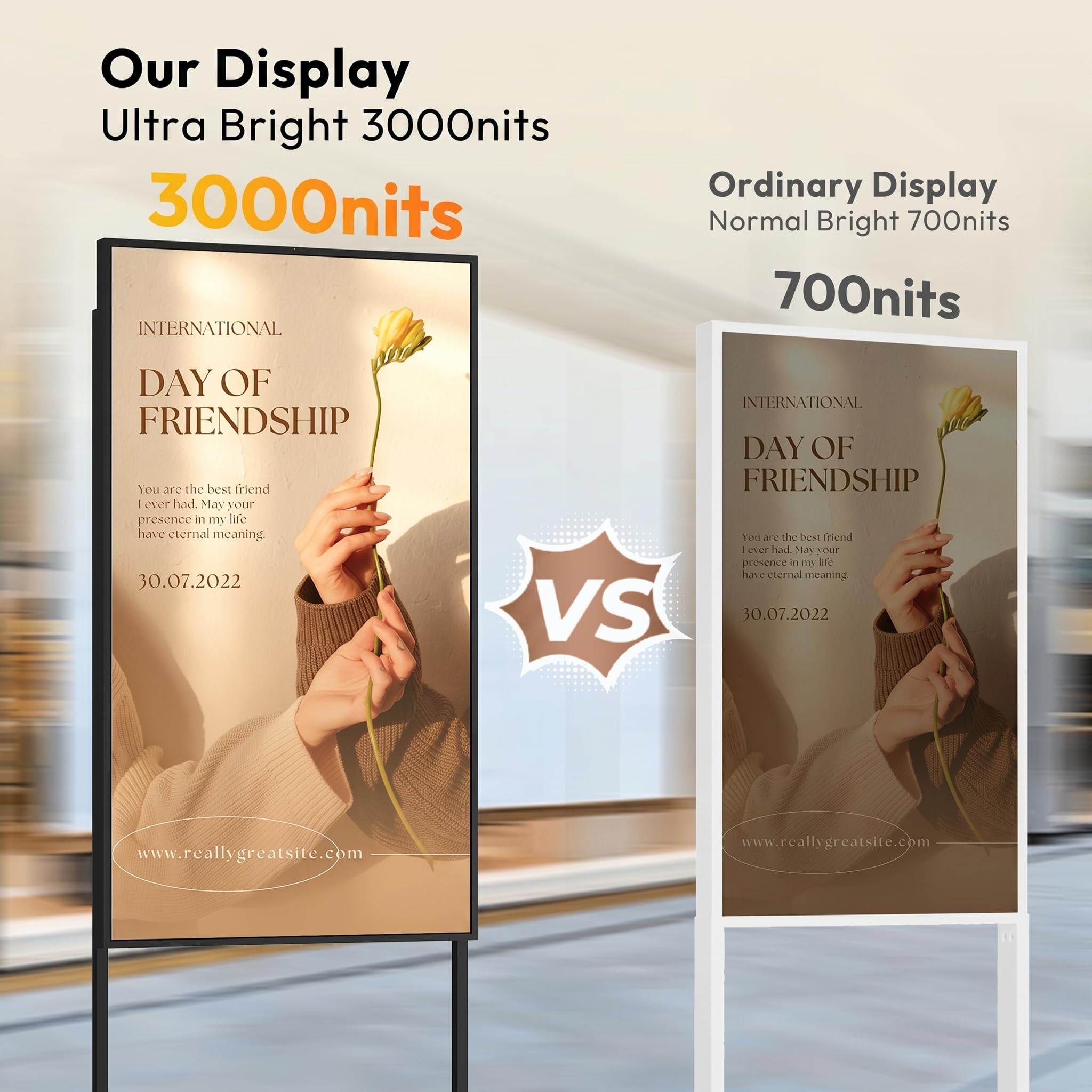 65" Écran publicitaire 3000 Nits, IPS Ecran Publicitaire 4K Affichage sur Pied avec Auto-Luminosité, cms/USB/WiFi/HDMI, Totem Affichage Publicitaire pour Vitrine, Restaurants et Entreprise