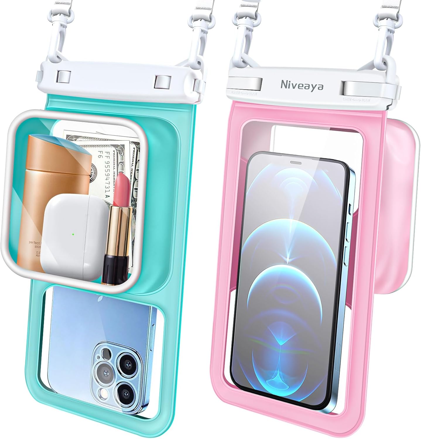 Niveaya [Floatable Floating Waterproof Phone Pouch 2 Pack-Up to 8.5″, Large Space Adjustable Neck Lanyard Waterproof Phone Case, Phone Dry Bags for Vacation Beach Pool Kayak Cruise Travel Essentials Niveaya [Floatable Floating Waterproof Phone Pouch 2 Pack-Up to 8.5″, Large Space Adjustable Neck Lanyard Waterproof Phone Case, Phone Dry Bags for Vacation Beach Pool Kayak Cruise Travel Essentials