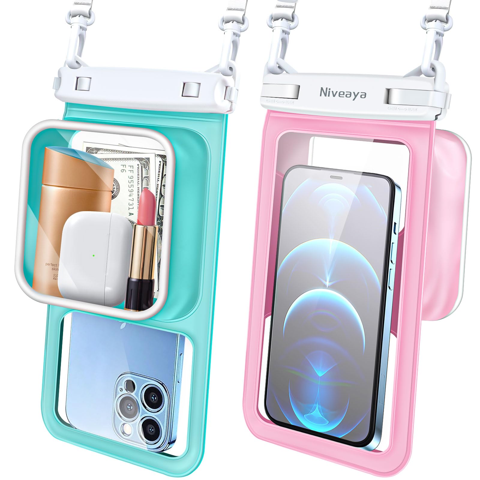 Niveaya [Floatable Floating Waterproof Phone Pouch 2 Pack-Up to 8.5", Large Space Adjustable Neck Lanyard Waterproof Phone Case, Phone Dry Bags for
