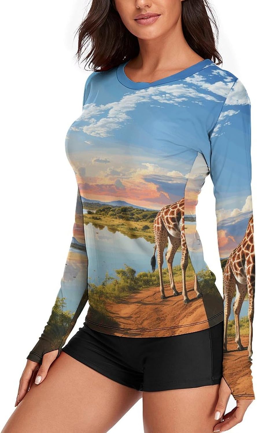 Nile River and Giraffe Rash Guard for Women Long Sleeve Swimsuits Sun Protection Sun Shirt Swim Shirts Hiking Tops