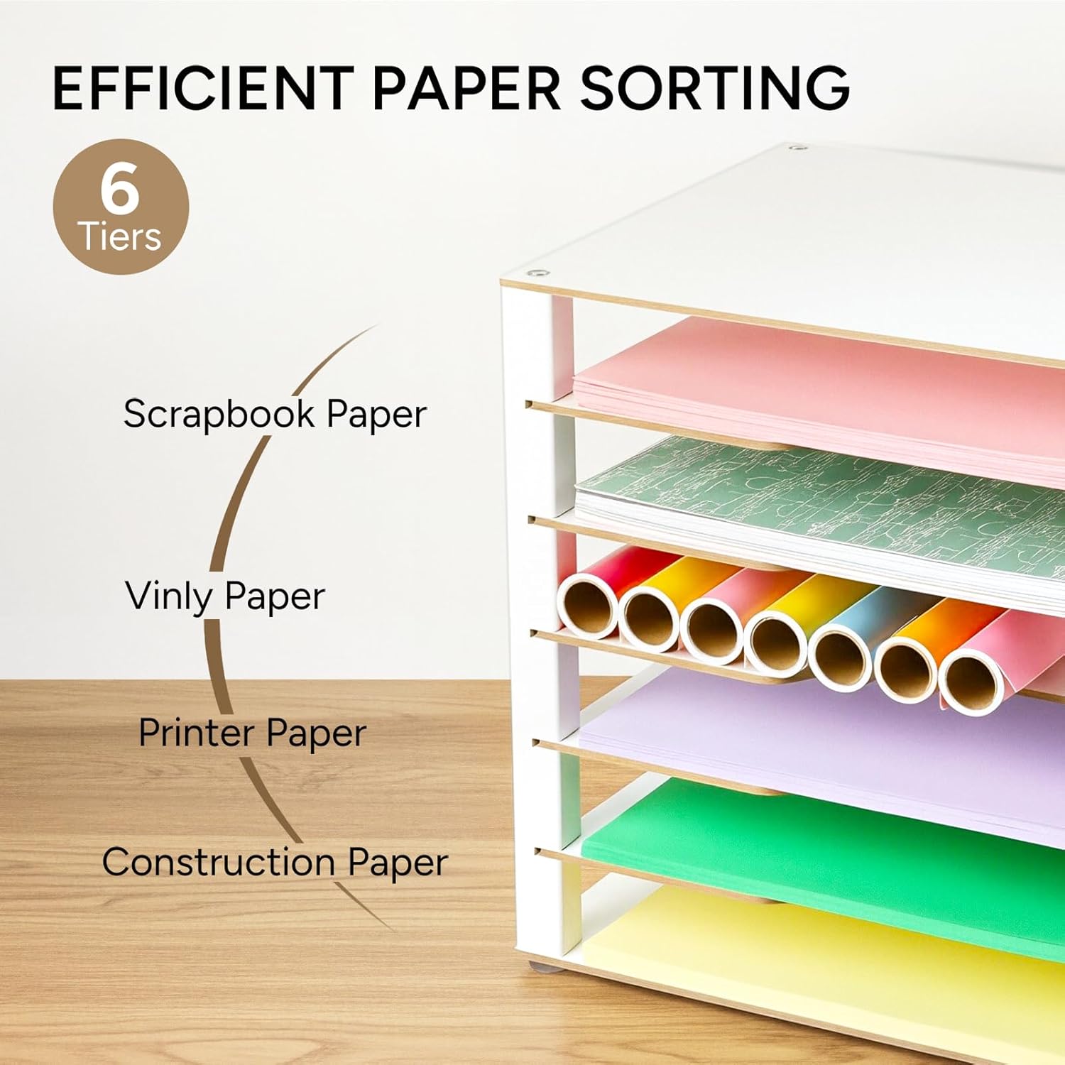 Construction Paper Organizer 12" x 18", 6-Tiers Paper Organizer Storage, Wooden Desktop Organizer, Letter Tray for Office, Home, Classroom