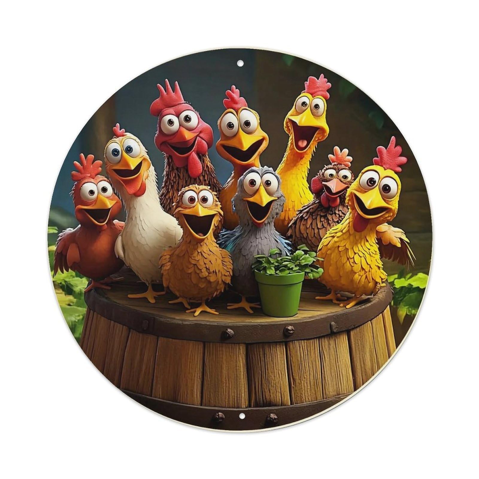 Colorful Chickens On Barrel Round Tin Sign Vintage Metal Sign Home Bar Garden Indoor & Outdoor Wall Decor Retro Metal Poster 8x8 Inch