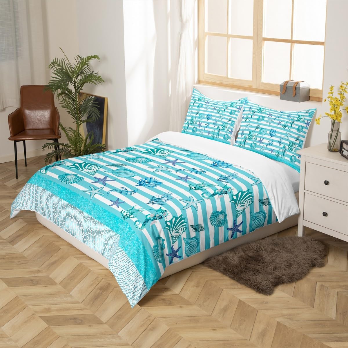 Ocean Life Quilt Cover Queen Size,Starfish Shell Coral Bedding Sets 3Pcs for Kids Girls Boys Adult Room Decor,Coastal Beach Comforter Cover Blue Stripe Bed Cover,2 Pillowcases