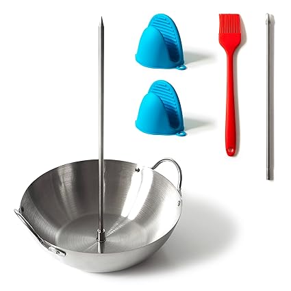 Rimcrow Vertical Skewer for Tacos Al Pastor, BBQ Hack Vertical Skewer Stand for Oven Shawarma Kebabs, Grill or Smoker; 2 Sizes of Stainless Steel Skewers, Basting Brush and Pair of Silicone Oven Mitts