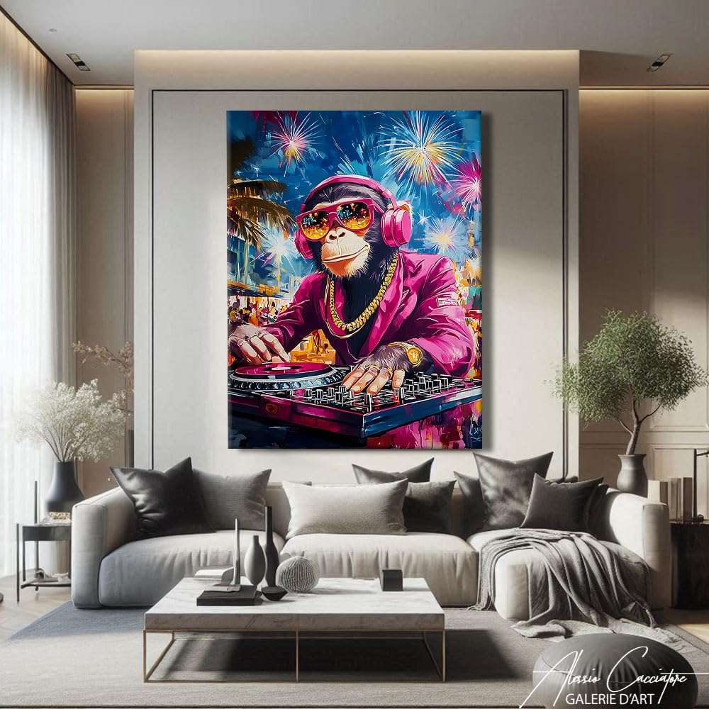 Quadro scimmia Dj - Poster decorativo murale umoristico - Stampa su tela Pop Art - Quadro Street Art di grande formato - Decorazione da parete con animali - Tela astratta moderna (80 x 60 cm)