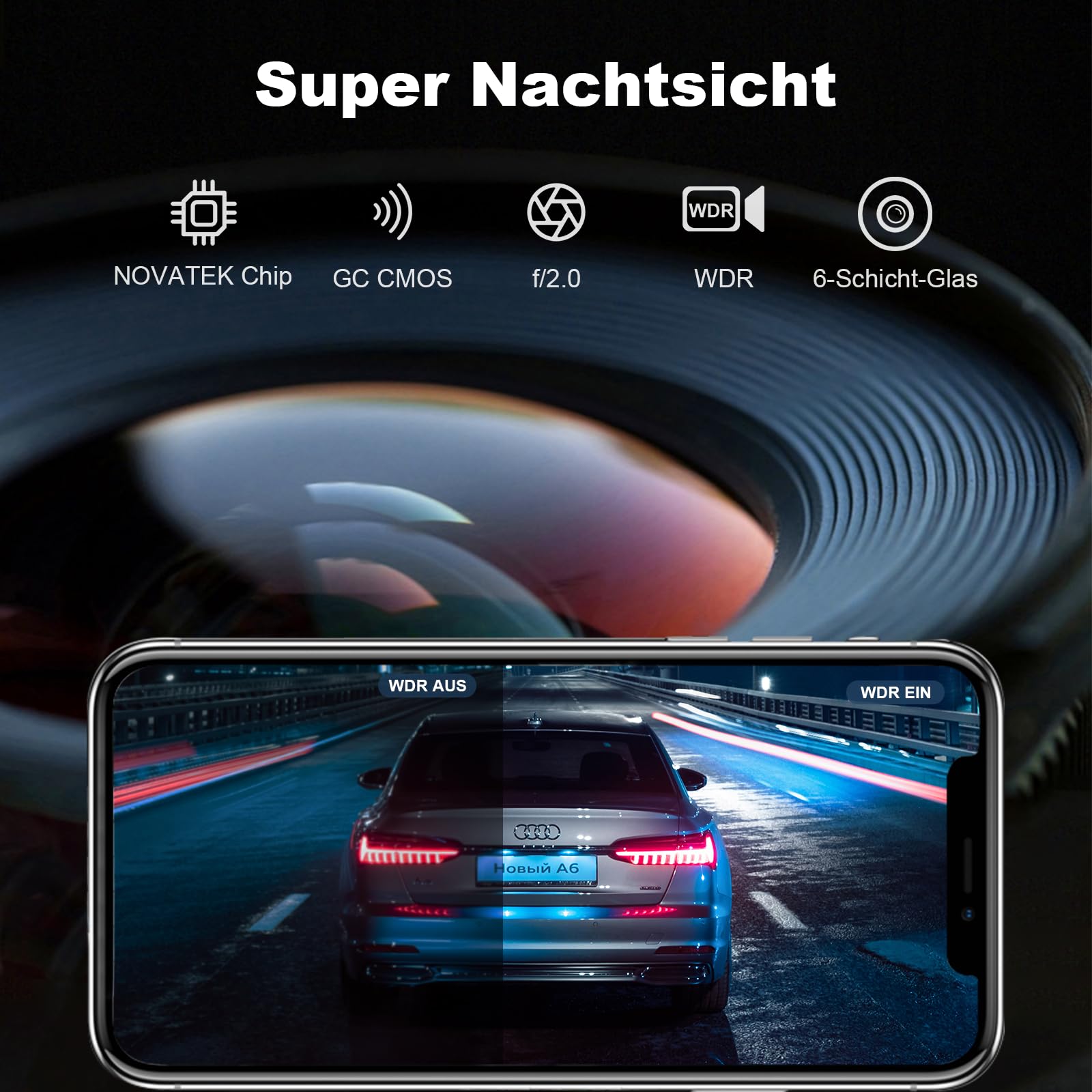 Dashcam Caméra Tableau Bord WiFi 2K Avant Voiture, Caméra Voiture 1296P Surveillance Stationnement, ADAS, Super Vision Nocturne, WDR, Grand Angle 170°, Capteur G, Enregistrement Boucle, Contrôle APP