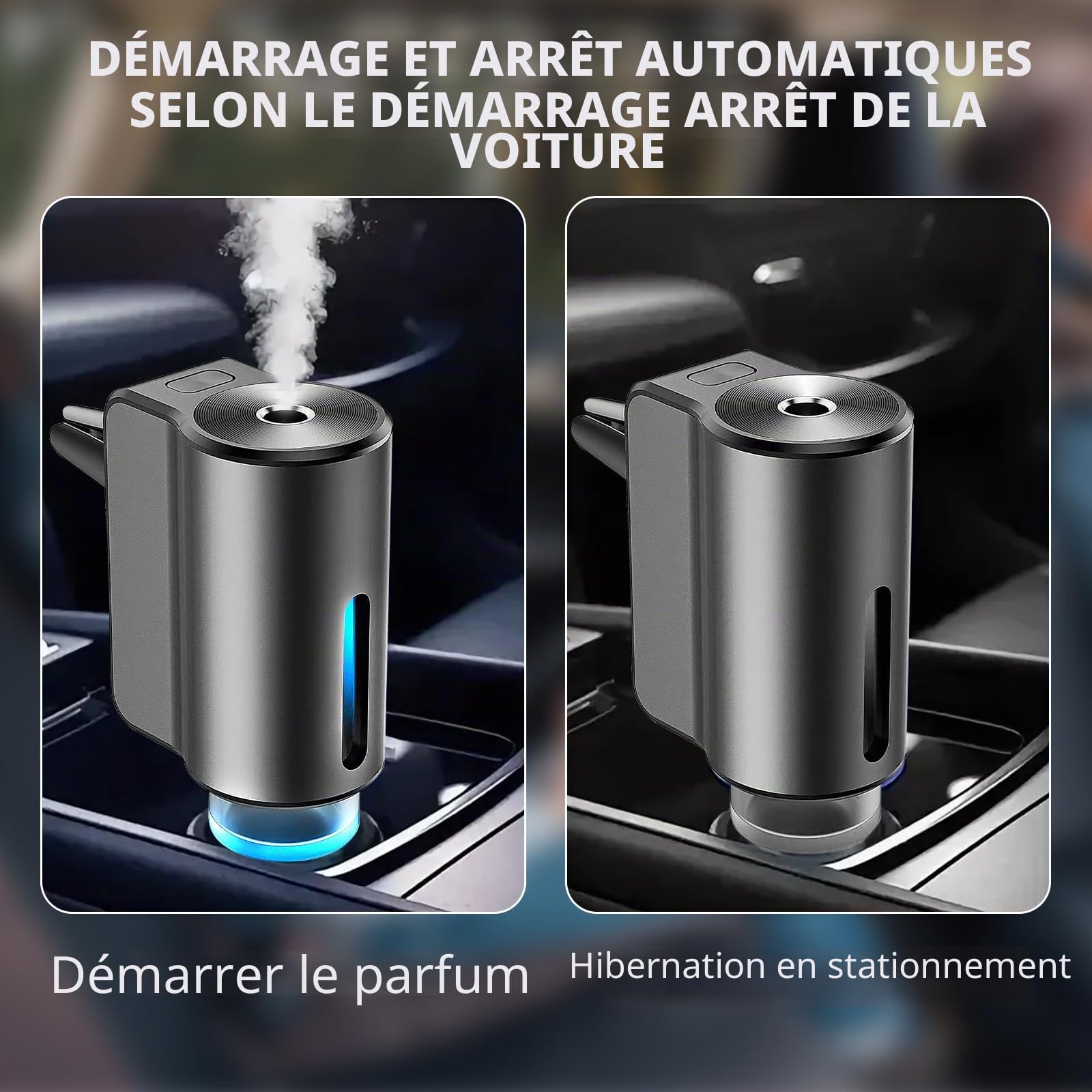 Électrique Diffuseur Voiture 3 Modes, Diffuseur Parfum Voiture avec 3 Parfums (Colognee/Chanell/Hiltonn), Atomiseur Ultrasonique On/Off Automatique, USB Désodorisant Voiture pour Voiture(Gris)