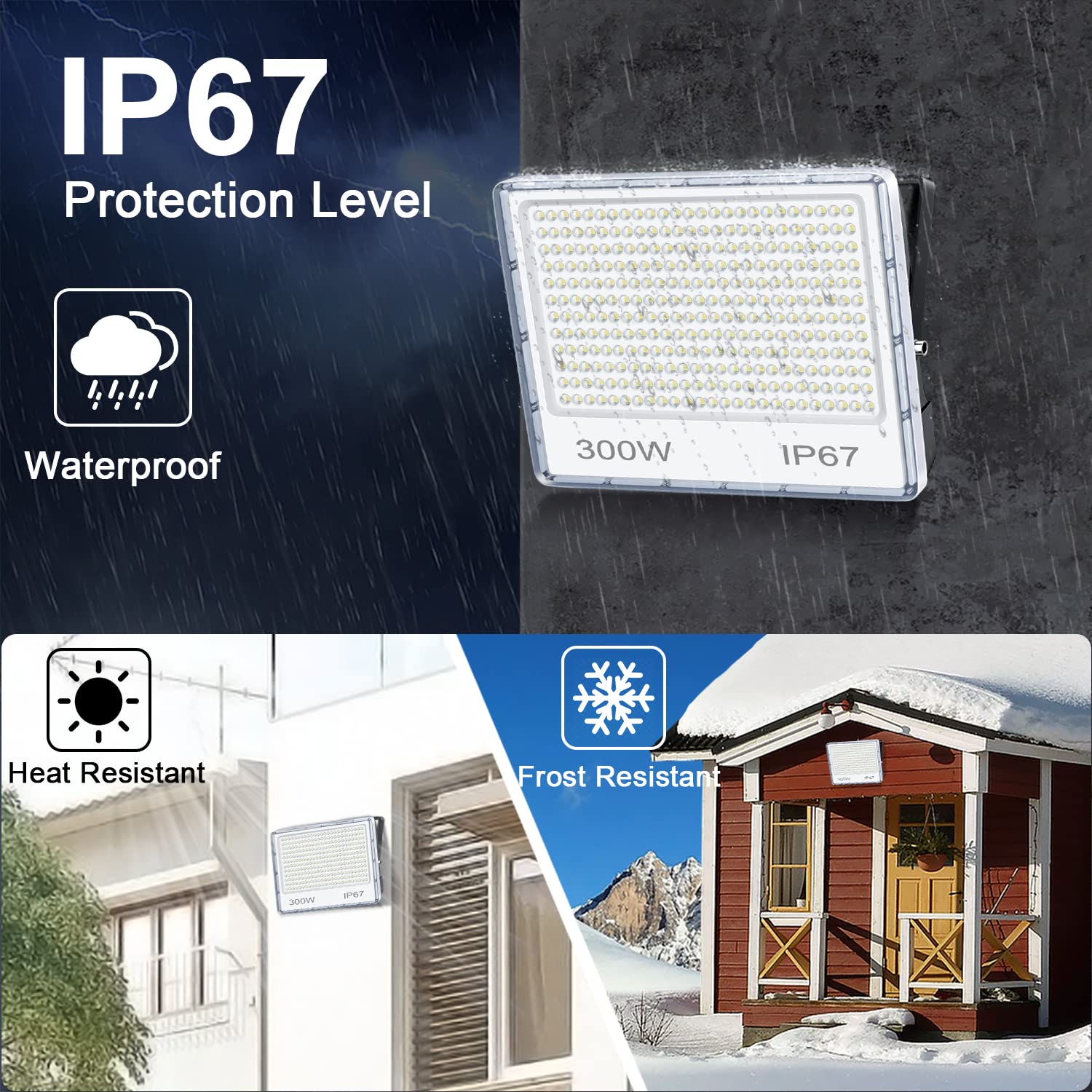 YIQIBRO 300W LED Floodlight Outdoor 2 Pack, IP67 Waterproof Outside Security Lights - Image 4