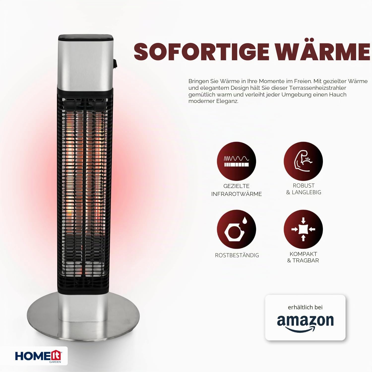 HOME It® Heizstrahler Infrarot | 1200W Infrarotstrahler Terrasse, Kompakter Terrassenheizer Elektrisch mit Carbon-Heizröhre, Spritzwassergeschützt (IP55) | Mini Standheizstrahler, Schwarz Edelstahl