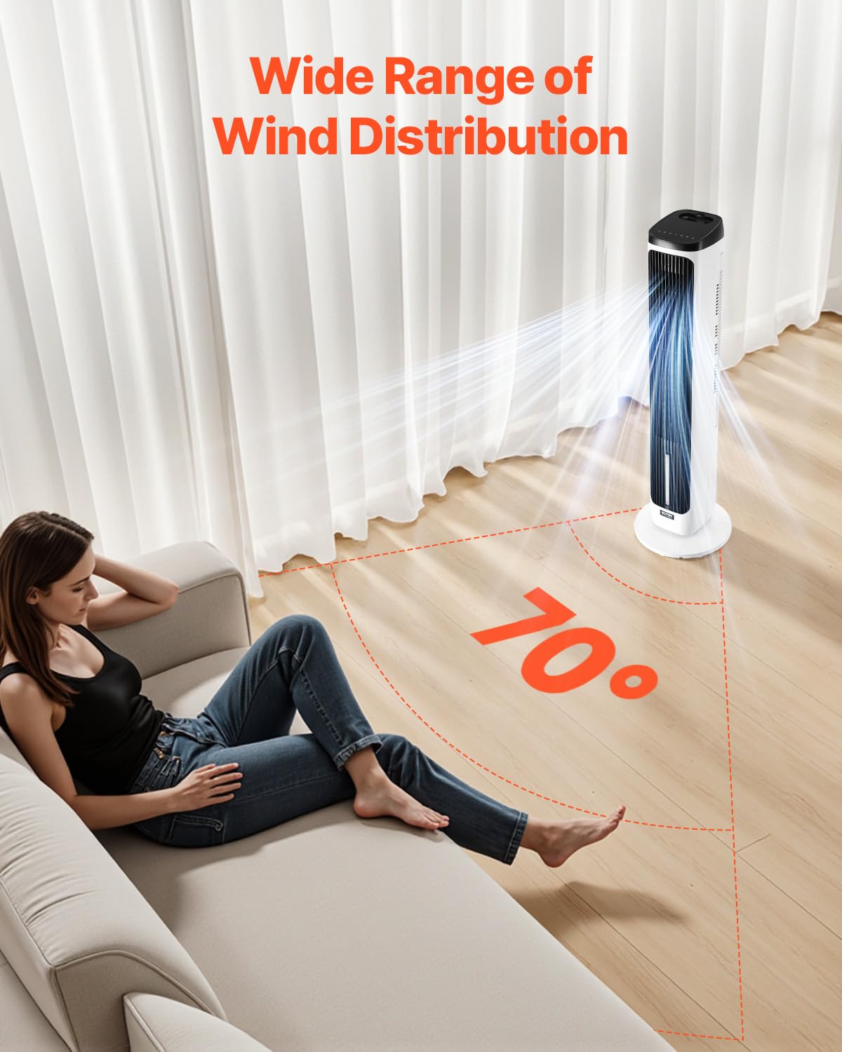 VEVOR Ventilateur Colonne, 1017 mm, Ventilateur Tour Sol Oscillant 70° Silencieux Portable, 7 m/s, Vitesses Réglables, avec Minuterie 24 h, Télécommande, Refroidissement pour Chambre, Bureau, Maison