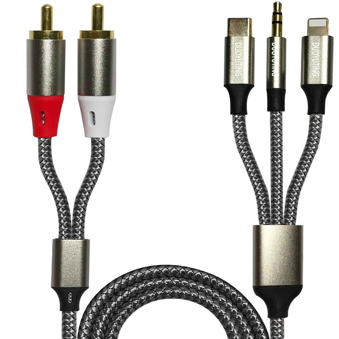 DUOYUTING 3 in 1 Audio Cable, iOS Phone/3.5mm AUX/USB C to 2 RCA,Stereo Audio Adapter for iPhone/Type C Phone/AUX to Amplifier/Sound Box & Home
