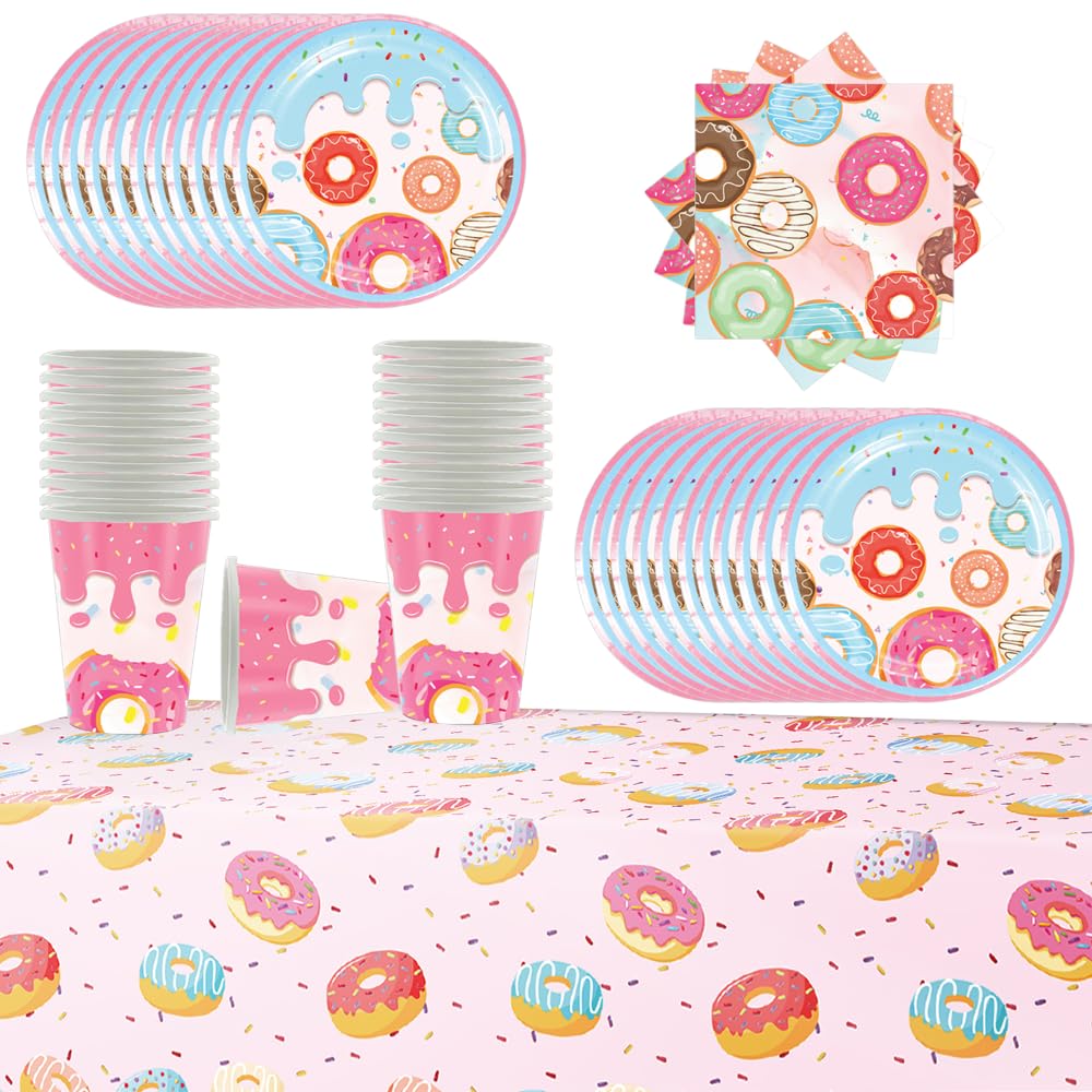 Set Stoviglie Per Festa A Tema Donut - 61 Pezzi - Piatti, Bicchieri, Tovaglioli E Tovaglia Rosa - Per 20 Persone, Compleanni Bambini