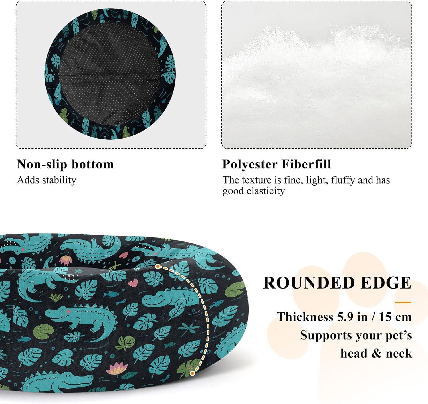 Wudan Pet Cat Beds Relieve Stress Fluffy Dog Pillow Bed for Medium Size Pets Supplies M Alligators Tropical Leaves