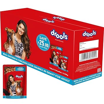 Drools Adult Wet Dog Food, Real Chicken and Chicken Liver Chunks in Gravy, 15 Pouches (15 x 150g)