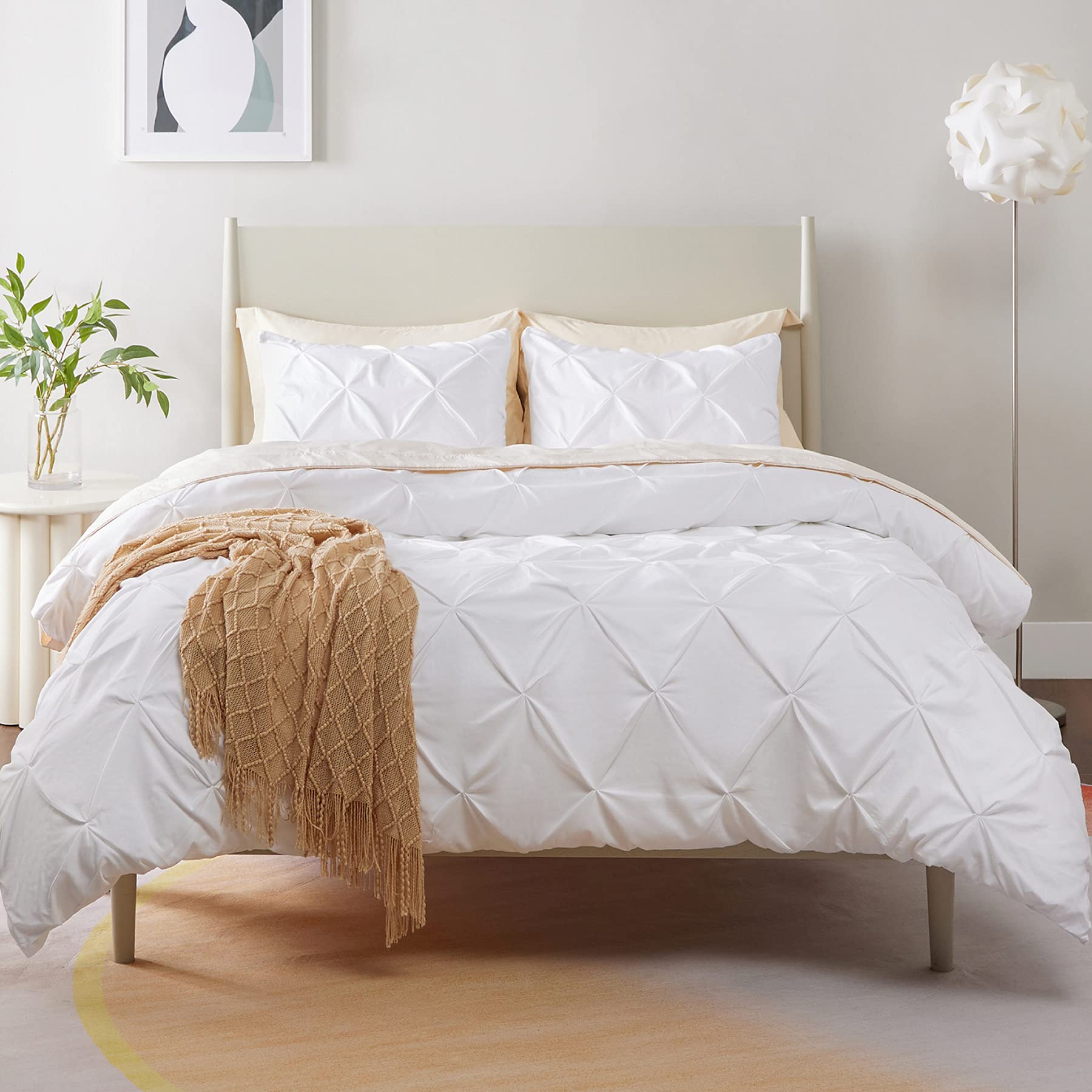 Bedsure White Duvet Cover Queen Size - Pinch Pleated Queen Size Duvet Cover Set with Zipper Closure, Microfiber Pintuck Du...