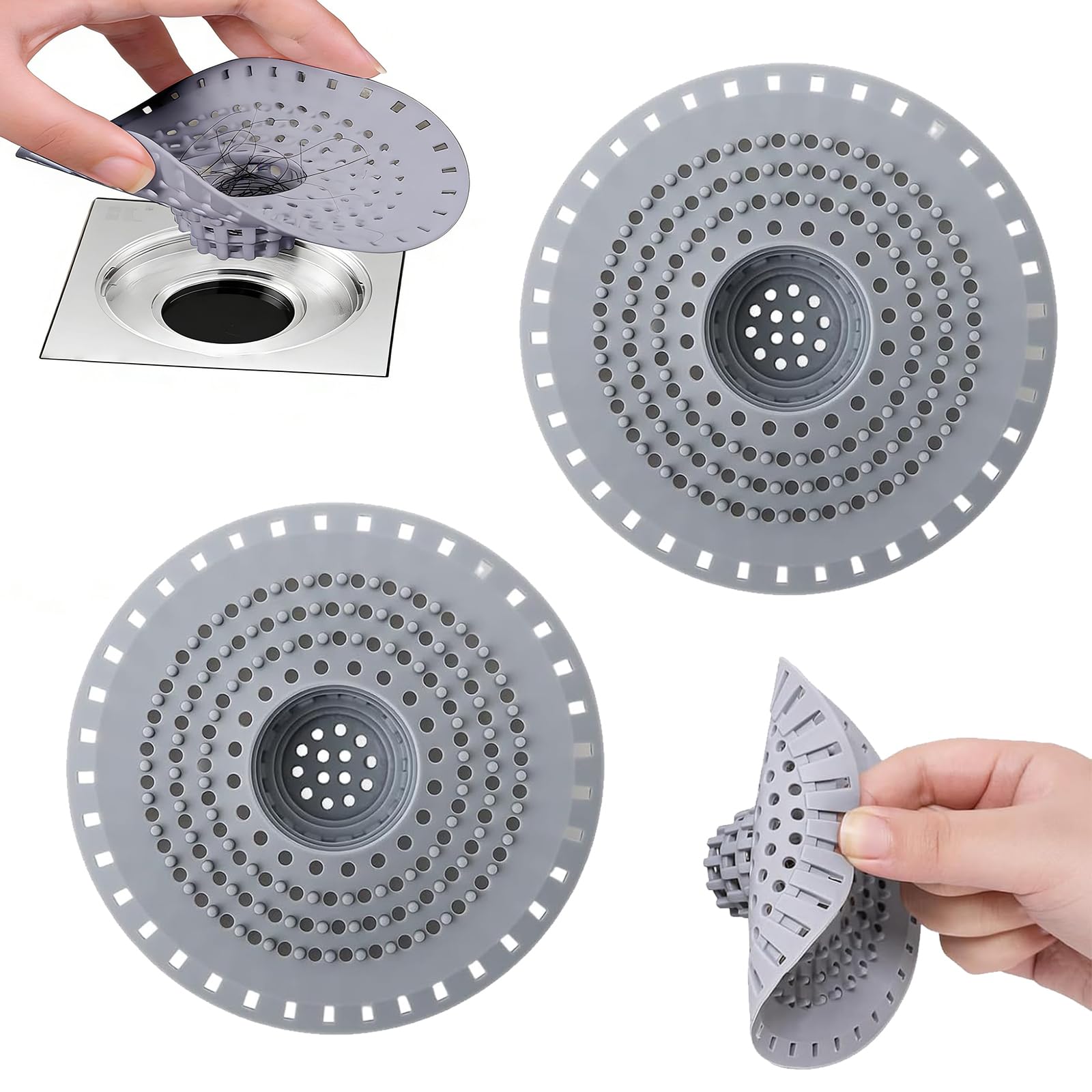 2 Pack Hair Catcher For Shower Drain, Silicone Shower Drain Hair Catcher, Shower Drain Cover Hair Trap, Bath Plug Hair Catcher For Bathroom Bathtub Kitchen Anti-Clog & Odour (Grey)