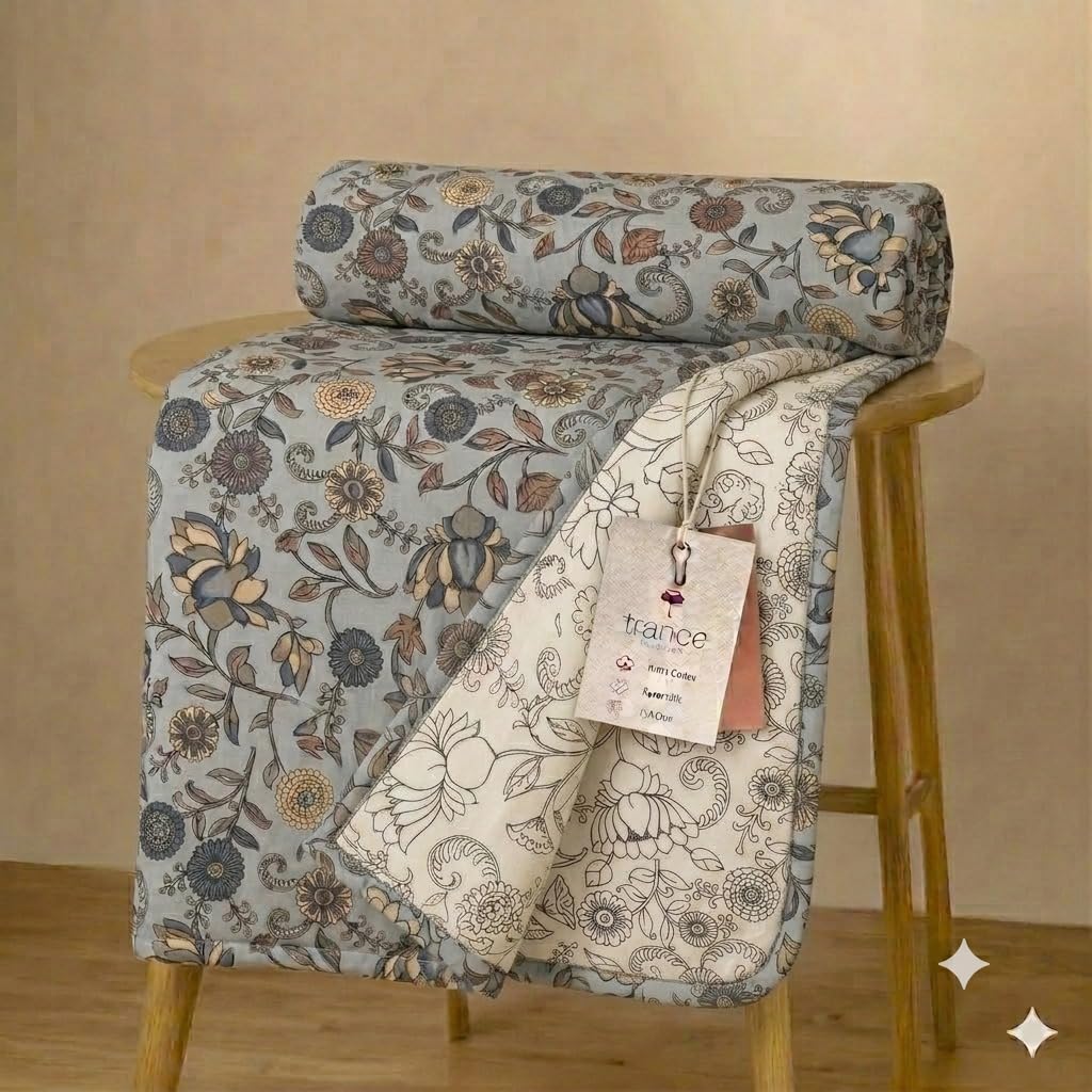 Trance Home Linen Premium 100% Cotton Dohar for Double Bed | 150 GSM | Reversible Ac Comforter | Light Weight All Season Soft Blanket (84x88 Inches | Kalamkari Blue)-image-21