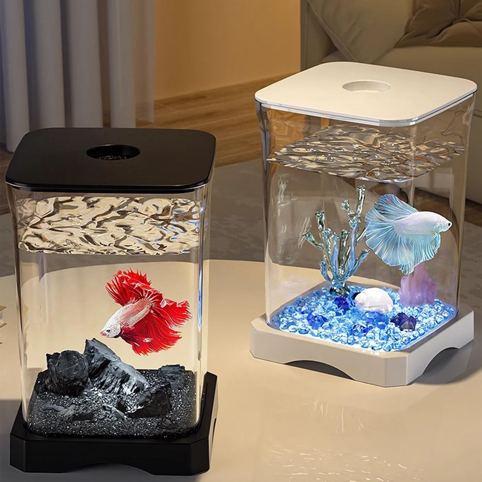 Pecera Betta pequeña: nanoacuario acrílico con iluminación Ambiental LED, Cuenco Betta de Escritorio con Orificio de alimentación para Estudio en la Oficina en casa, Kit de iniciación para — view 7