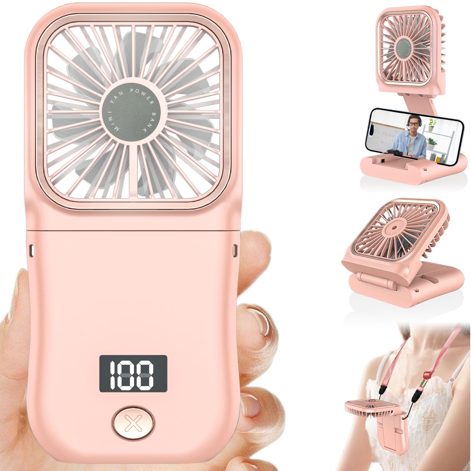 Kouric Mini Ventilatore Portatile Pieghevole 8cm, Tascabile con Batteria 4000mAh e Autonomia 8 Ore, Display LED e 3 Velocità, Cordino Regolabile Incluso, per Viaggio, Mezzi Pubblici e Città