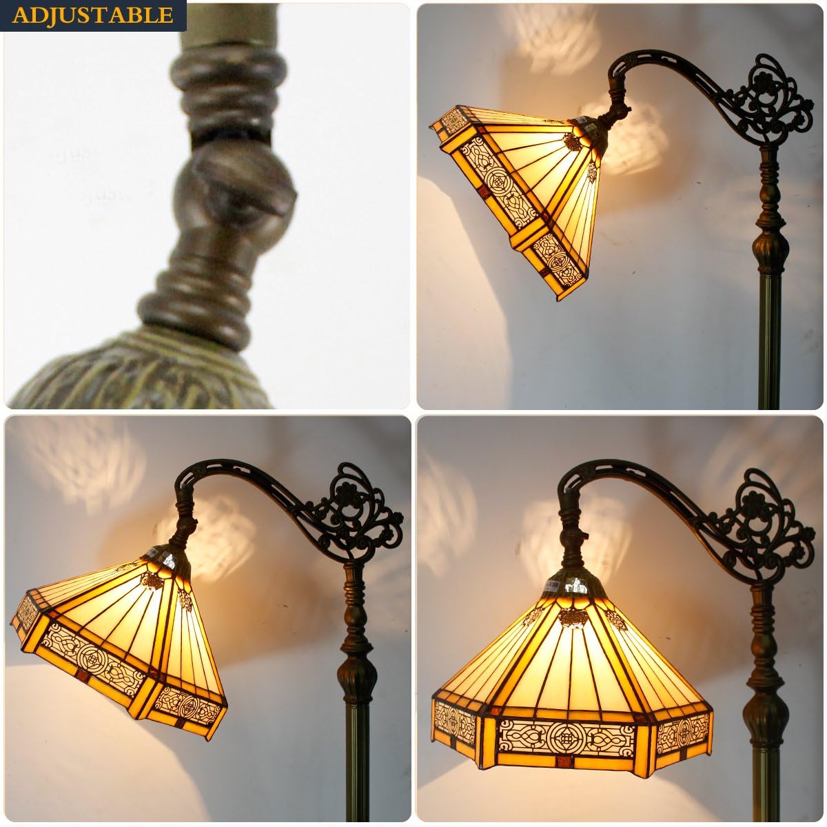 WERFACTORY Tiffany Floor Lamp Mission Hexagon Stained Glass Arched Lamp 12X18X64 Inches Gooseneck Adjustable Corner Standing Reading Light Decor Bedroom Living Room S011 Series