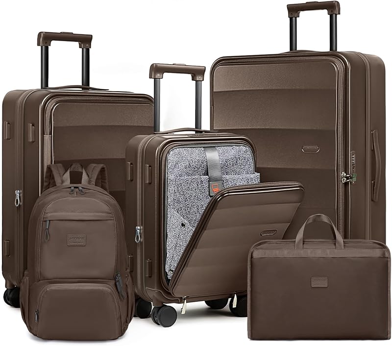 Expandable 5 Piece Luggage Sets with Front Pocket, Coffee