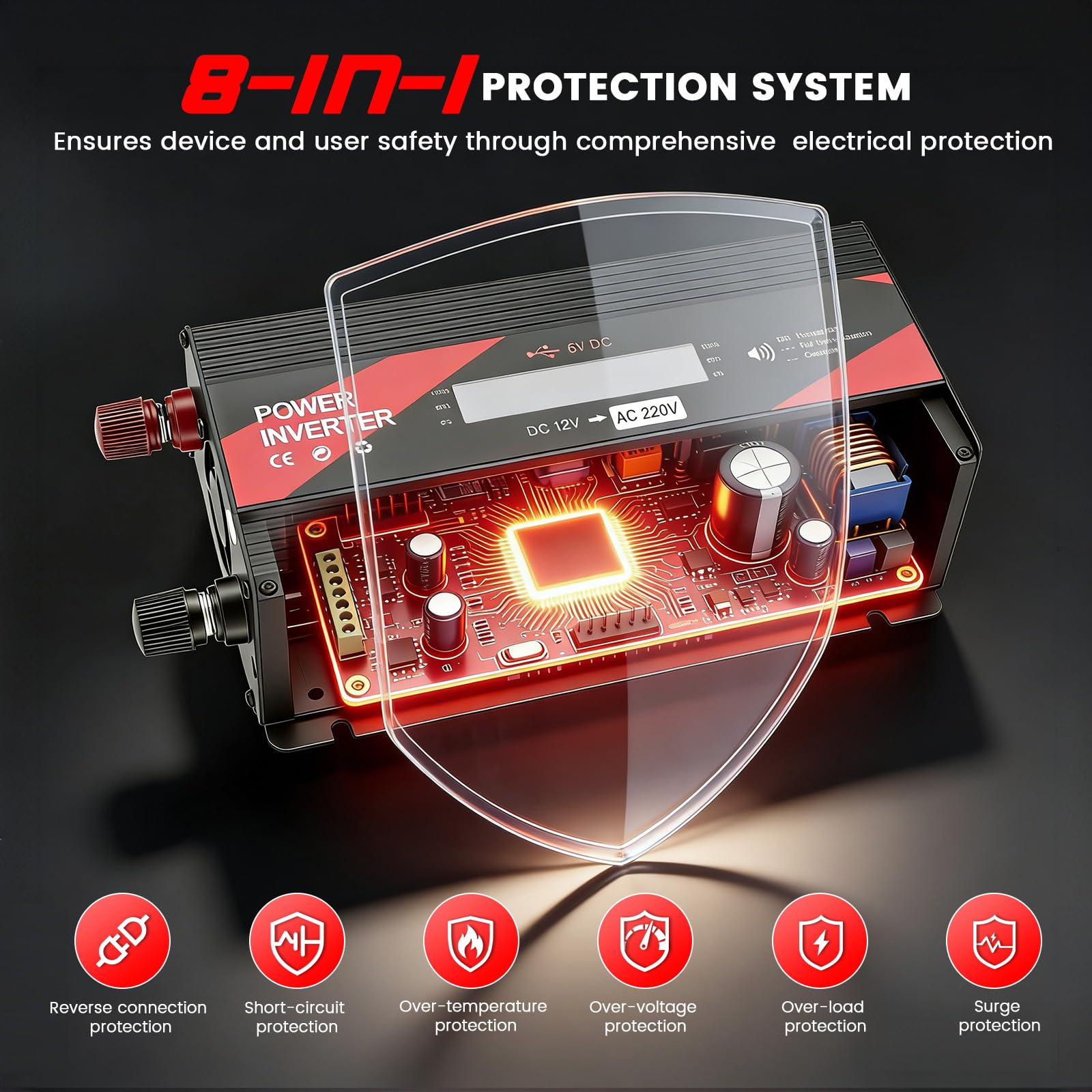 2000W Power Inverter 12V to 240V with LCD Display, 2 UK Sockets & USB Port, Modified Sine Wave Car Inverter for Camping, RV, Truck, Home Use – High Efficiency >95%, Safety Protections (Red) - 4