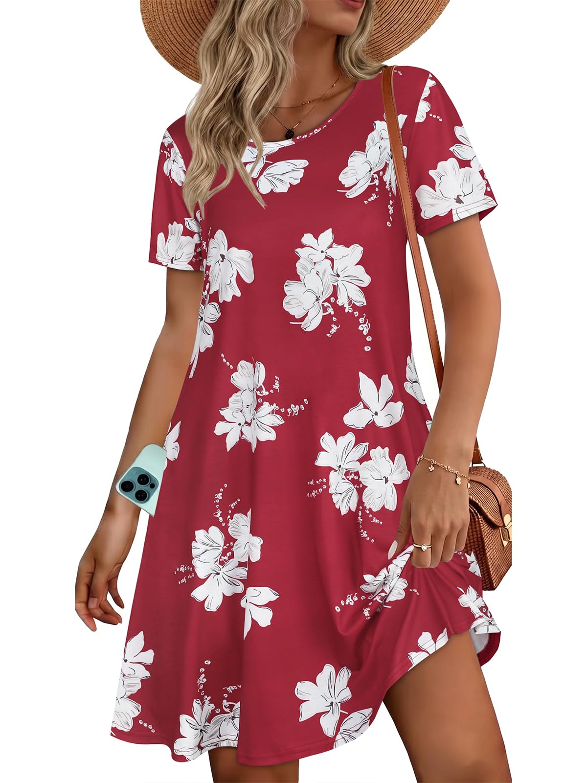 elescat Womens Summer Dresses Casual Loose Tshirt Floral Pockets Sundress | 2026 Boho Flowy Short Sleeve Dress, Two Hidden Pockets, Loose Beach Cover Up, Solid or Floral, Fashion Vacation Outfits
