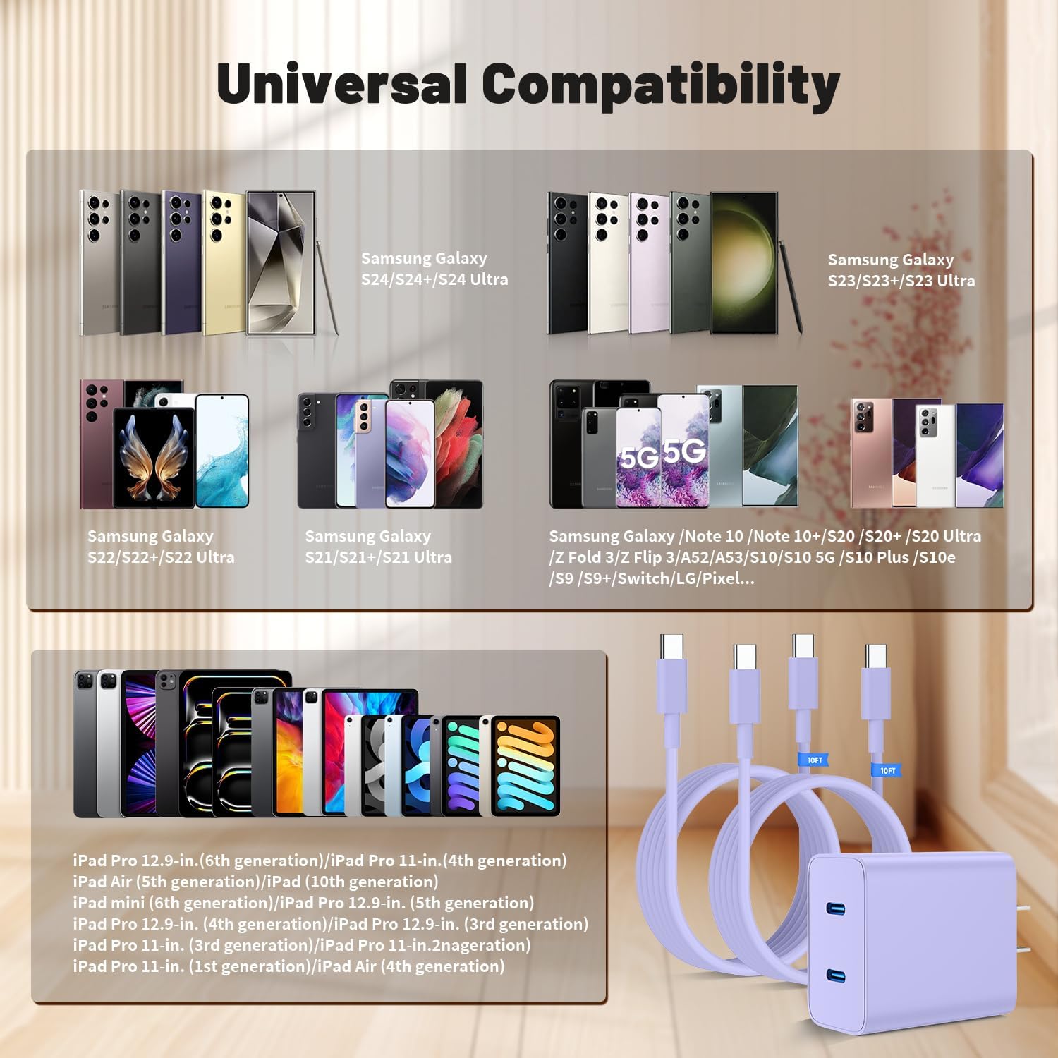 45W Dual Port Super Fast Charger with Long USB C to C Cable 10ft,Type C Wall Charger Block and Android Phone Charging Cord for Samsung Galaxy S26 Plus/S25 Ultra/S25+/S24+/S23+/S22+/S21/S20/Note 20/10+