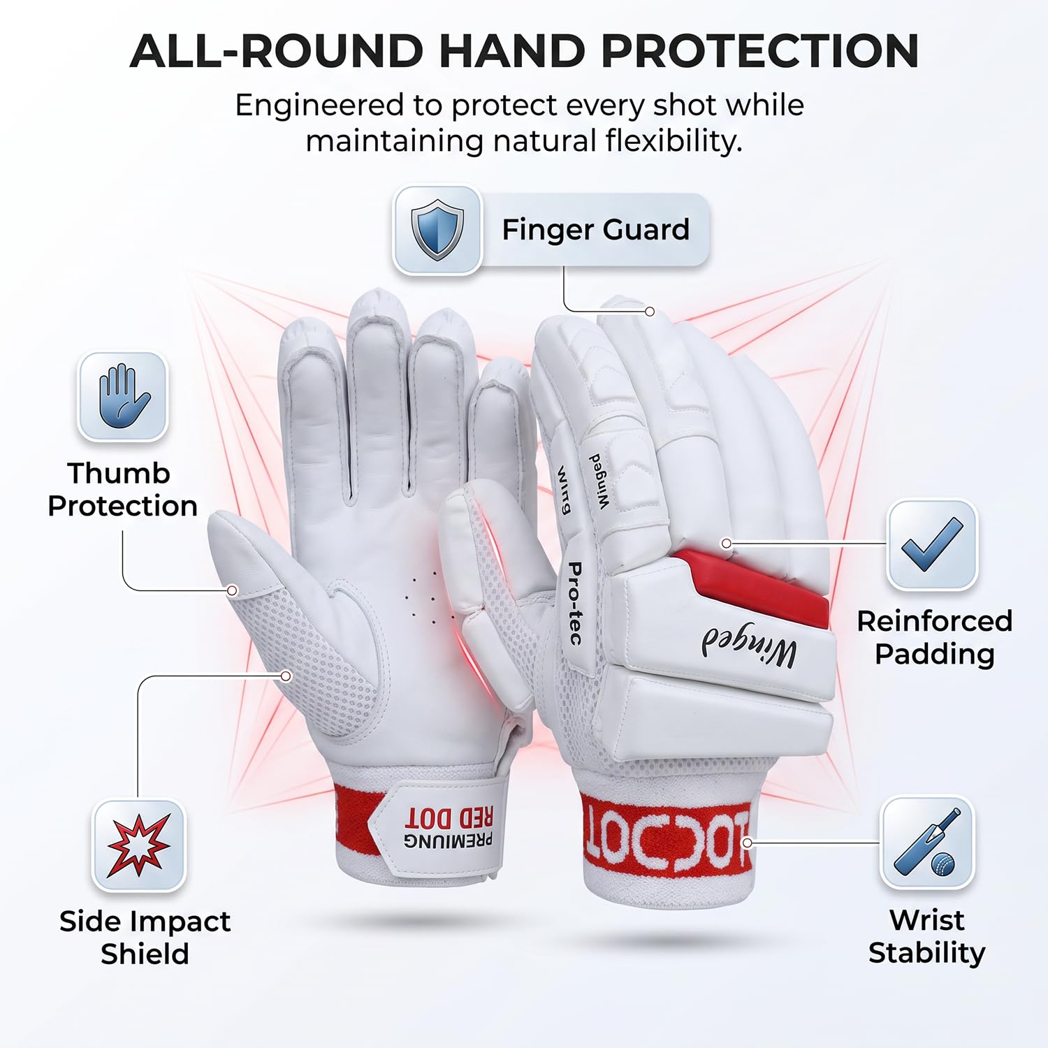 WHITEDOT Sports Leather Winged Cricket Batting Glovessuitable for Youth|Medium Right Handwhite 1