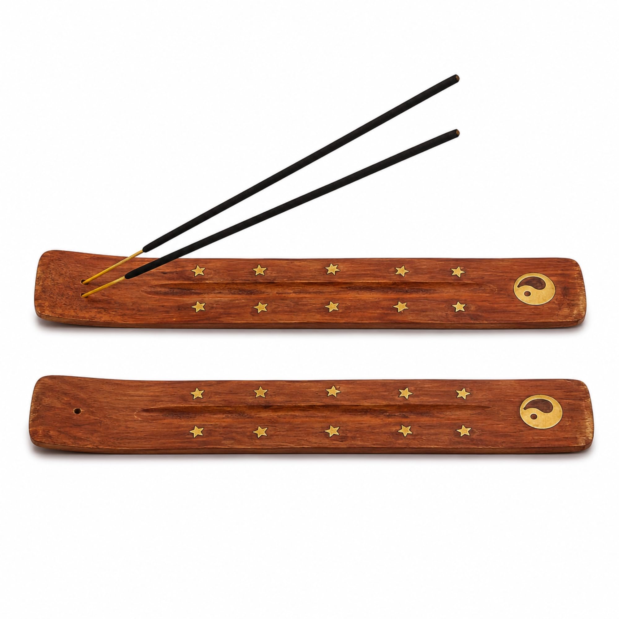 Fenny's Creations Natural Wooden Incense Burner Holder With Ash Catcher, Single Stick Design For Meditation, 24 X 8 Cm (Yin Yang Ash Catcher 2Pcs)