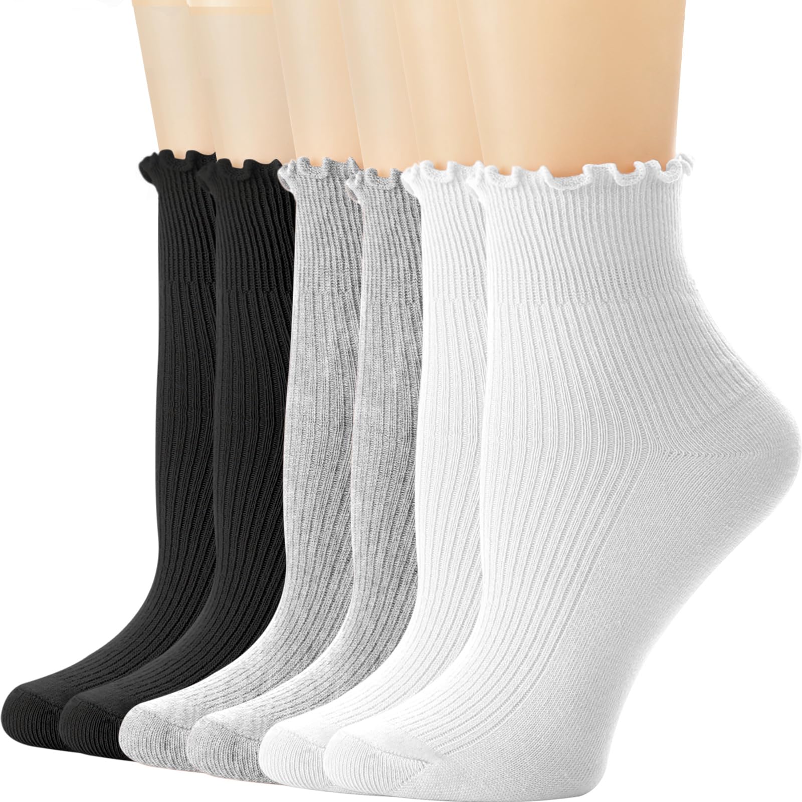 Dreshow Women's 6 Pairs Ankle Socks Set53-04 Ruffle Frilly Socks Casual Ankle Socks Breathable Cotton Crew Knit Socks For 6 Pack