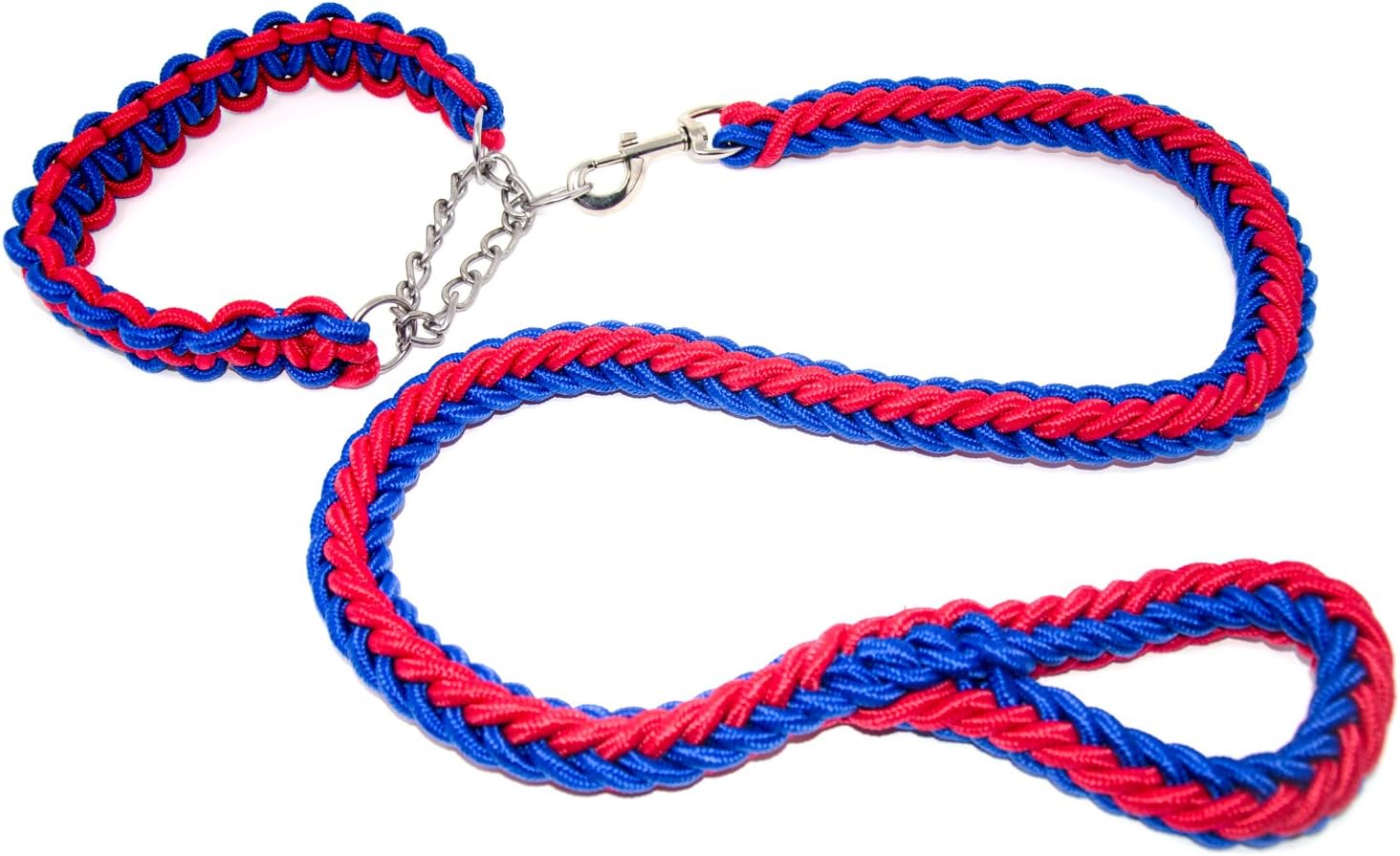 COOME Dog Leash Collar Set Heavy Duty Dog Martingale Braided Collar with Solid Hand Crafted Rope Leash (Large, Blue+Red)