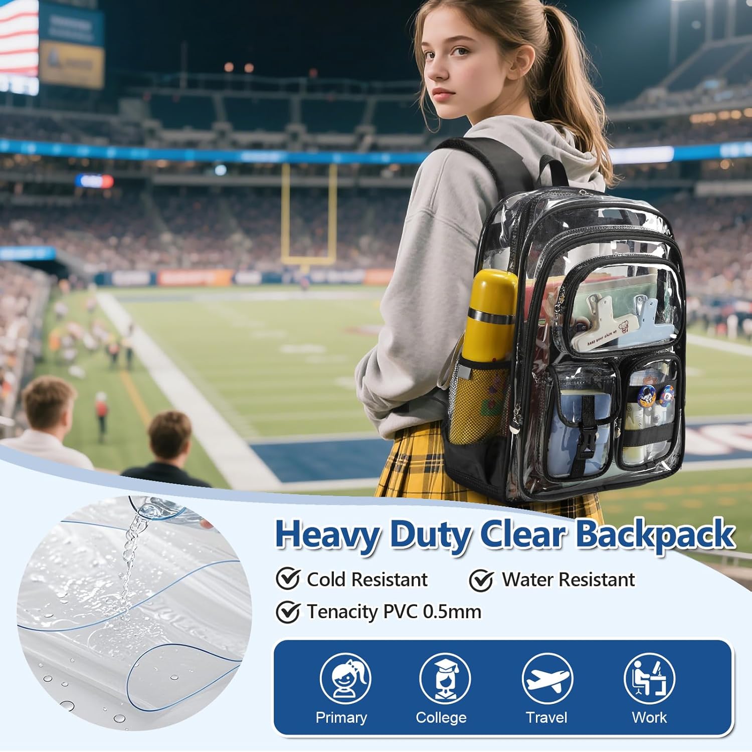 Clear Backpack, 17 inch Transparent Backpacks with Accessories, School Bag for Teen Boys Girls,Clear Laptop Bags for Elementary High School Travel Daypacks - Image 4