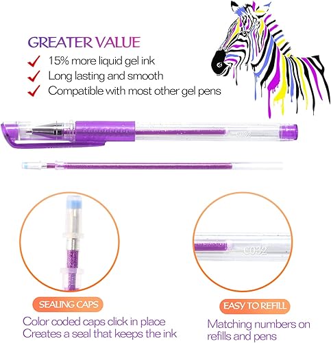 Miniatura 4 de ZSCM QUALITY DECIDES THE FUTURE ZSCM - Paquete de 48 bolígrafos de gel con purpurina que incluye 24 rotuladores de gel de colores, 24 repuestos,