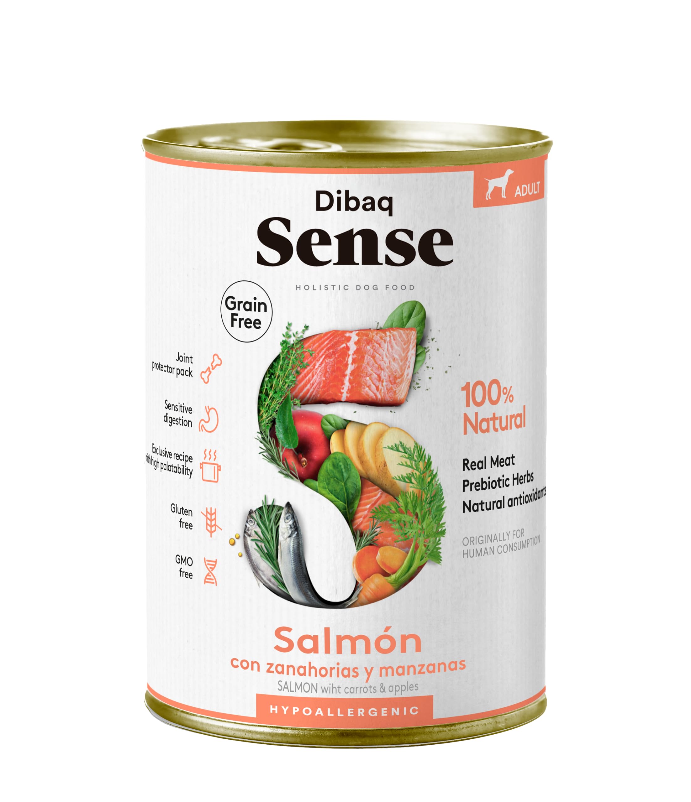 Dibaq Sense Grain Free: alimento húmedo de salmón, 100% natural sin cereales para perros, 380g, Pack de 12