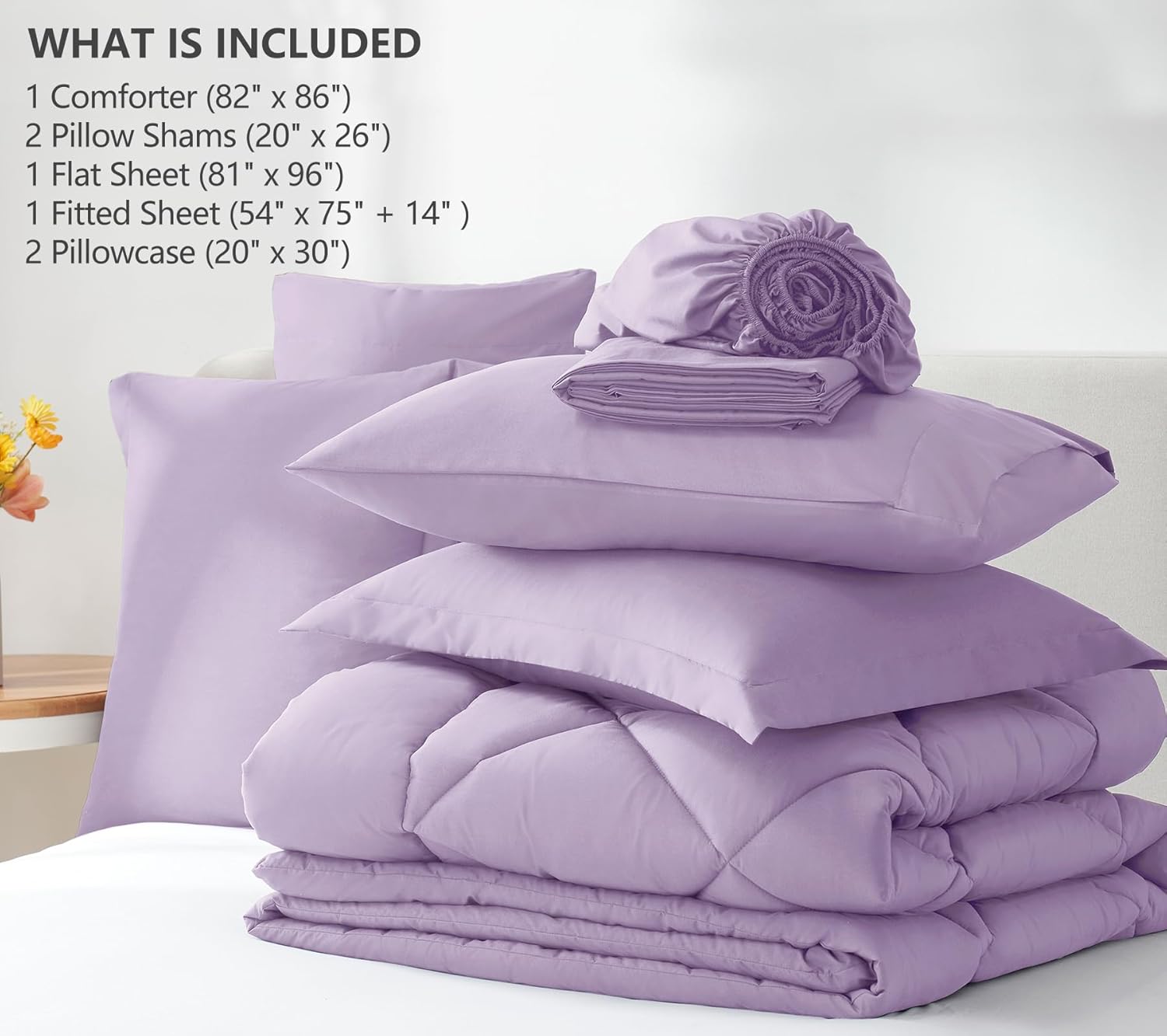 CozyLux Full Size Comforter Sets Light Purple - 7 Pieces Lavender Bed in a Bag Full, Luxury Soft Bed Set for All Seasons, Bedding Set with Down Alternative Comforter, Sheets, Pillowcases & Shams - Image 6