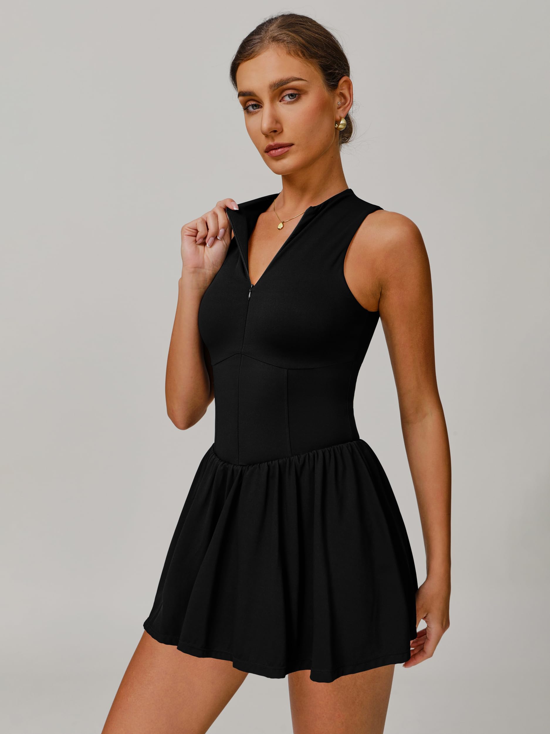 ABEHIK Robe de tennis pour femme, avec fermeture éclair sur le devant, sans manches, à volants, robe trapèze avec poches