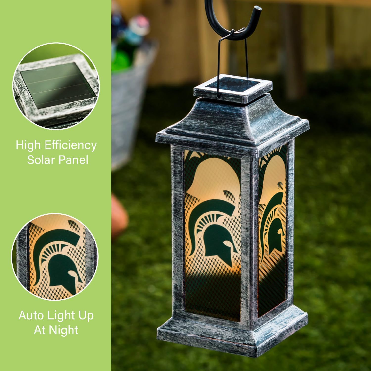 Team Sports America NCAA Michigan State University Solar Powered Lantern | Rechargeable LED Light | Indoor/Outdoor Safe Hanging Lantern | Decorative Table Light for Garage, Garden, Patio