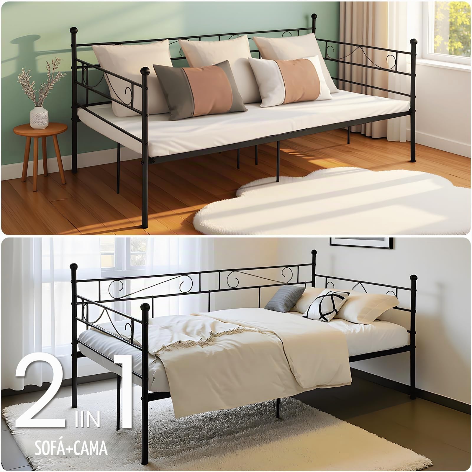 Marcos Diván Cama Individual de Metal, Estructura Sofá Cama Hierro Forjado para Adultos, Adecuado para Colchón de 90x190 cm, Negro