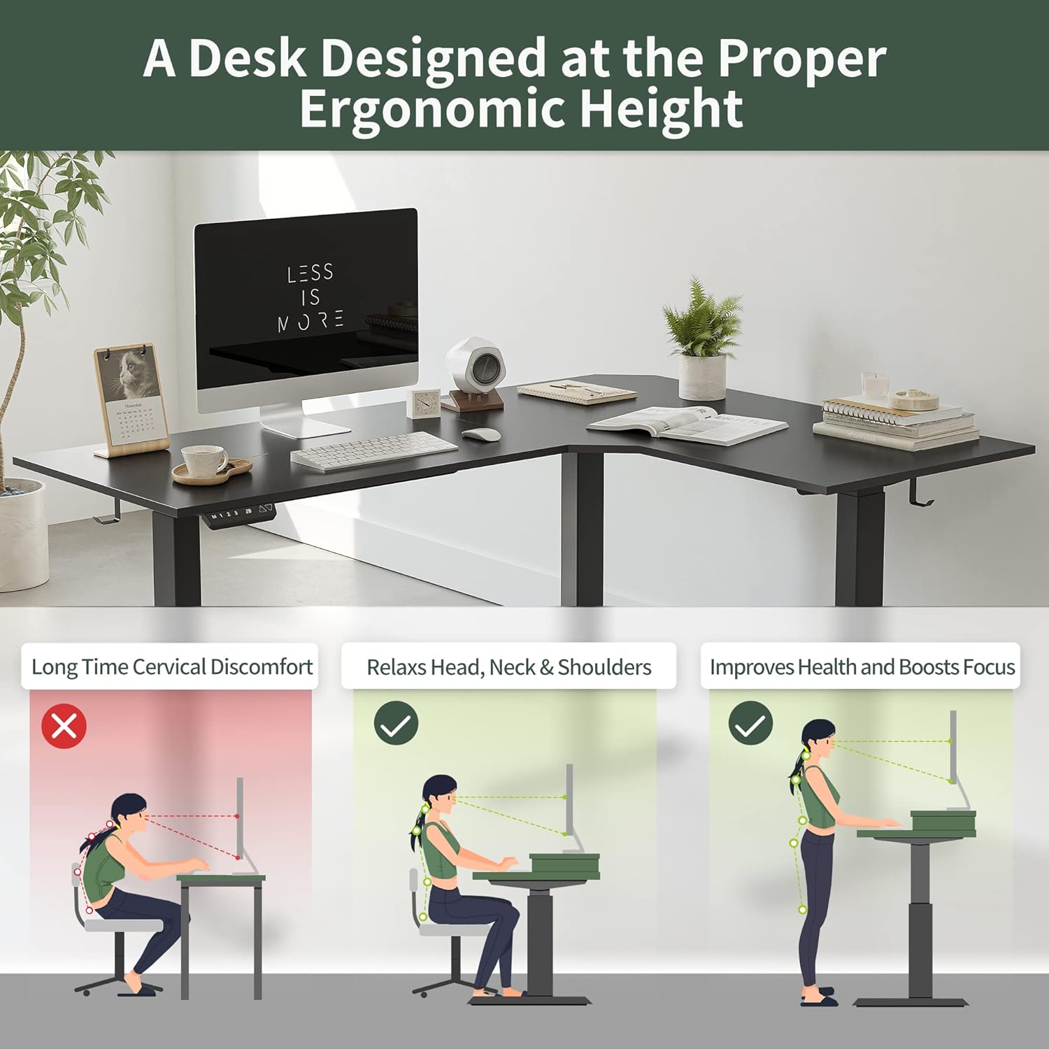 FEZIBO Triple Motor L-Shaped Electric Standing Desk, 63 Inches Height Adjustable Stand up Corner Desk, Sit Stand Workstation with Splice Board, Black Frame/Black Top