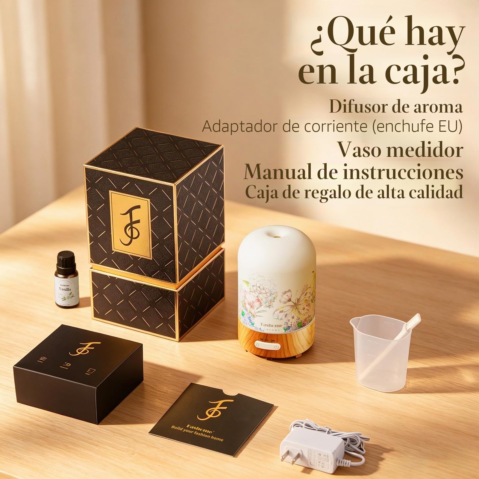 Fashome Difusor de aroma de 100 ml, difusor de aceites esenciales de cristal hecho a mano, apagado automático, silencioso con luz cálida, para el hogar, oficina, dormitorio (vainilla primaveral)