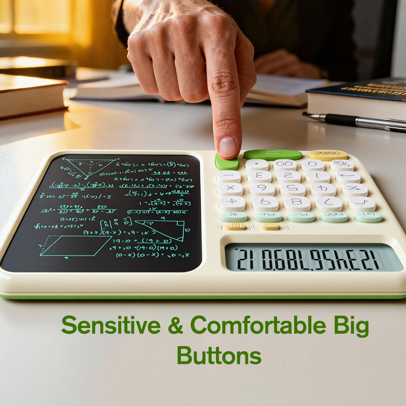 ROATEE Foldable 2-in-1 Basic Calculator with Erasable LCD Handwriting Tablet,12-bit HD Widescreen,Rechargeable Solar Dual Power Supply,Suitable for Students and Office Use (Green) — view 5