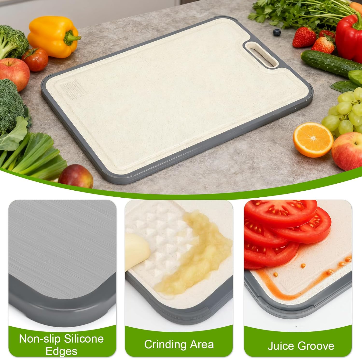 Titanium Cutting Board for Kitchen,2-in-1 Double Sided Food-Grade Pure Titanium&Wheat Straw PP,Non-Toxic，Non-Slip，Ideal for Meat,Fruit，Vegetables & Family Cooking ，Easy to Clean Large Size 15.2”×10.5”