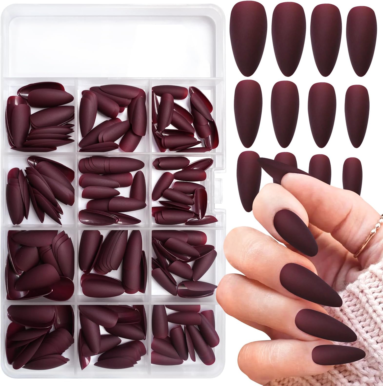 Bellelfin 240pcs Almond Press on Nails, Matte Burgundy Fake Nails Medium Acrylic Nails Press Ons False Glue on Nails Kit with 5 Sheets Adhesive Tabs for Women Girls