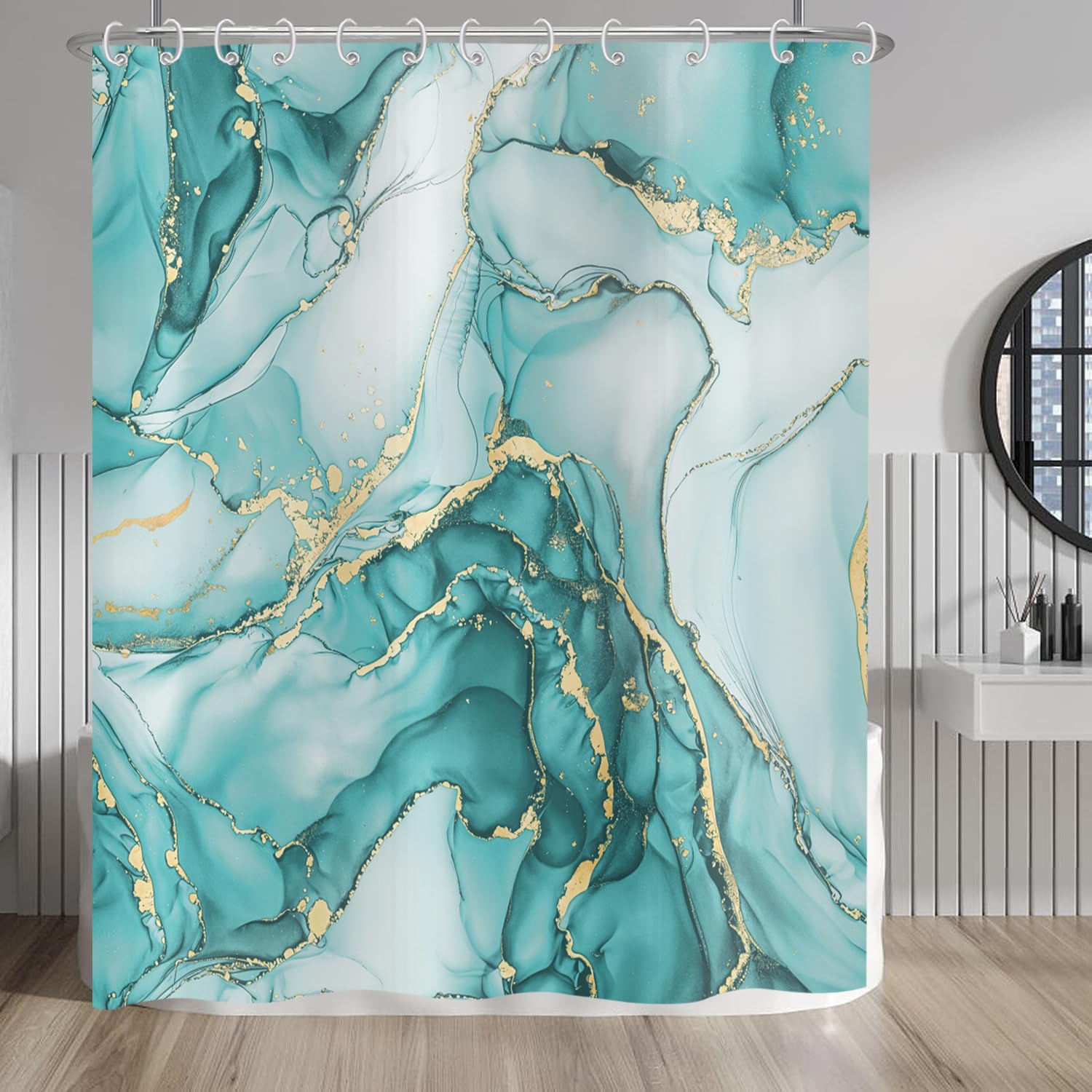 Hnmdmyi Marble Shower Curtain 240x180, Turquoise Gold Abstract Marble Bathroom Curtains Luxury Modern Aesthetic Art Ink Texture Waterproof Polyester Fabric Washable Bath Curtains with Hooks