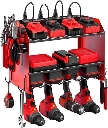 CRELYSTER Power Tool Organizer Wall Mount with Charging Station - 3-Tier Heavy Duty Rack with 8 Outlets & Drill Holders CRELYSTER Power Tool Organizer Wall Mount with Charging Station - 3-Tier Heavy Duty Rack with 8 Outlets & Drill Holders