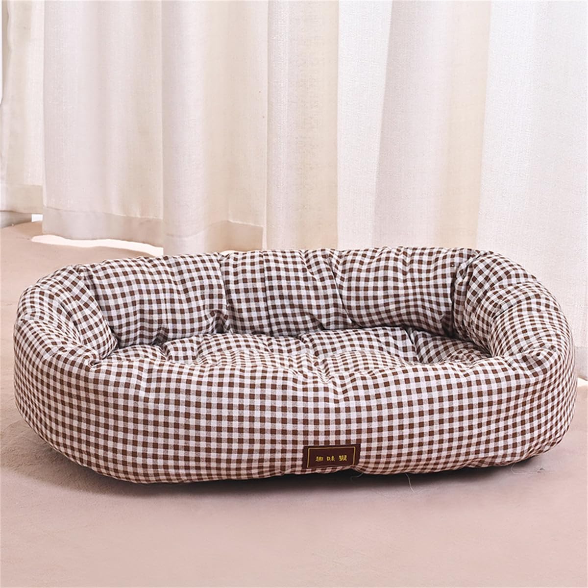 Odot Cama Perro Gato para Grande Medianos Pequeño, Impresión de Cuadros Cama Ortopédica Rectángulo Cojín de Felpa, Mascotas Sofá para Gatos, con Base Antideslizante, Lavable (Marrón,L)